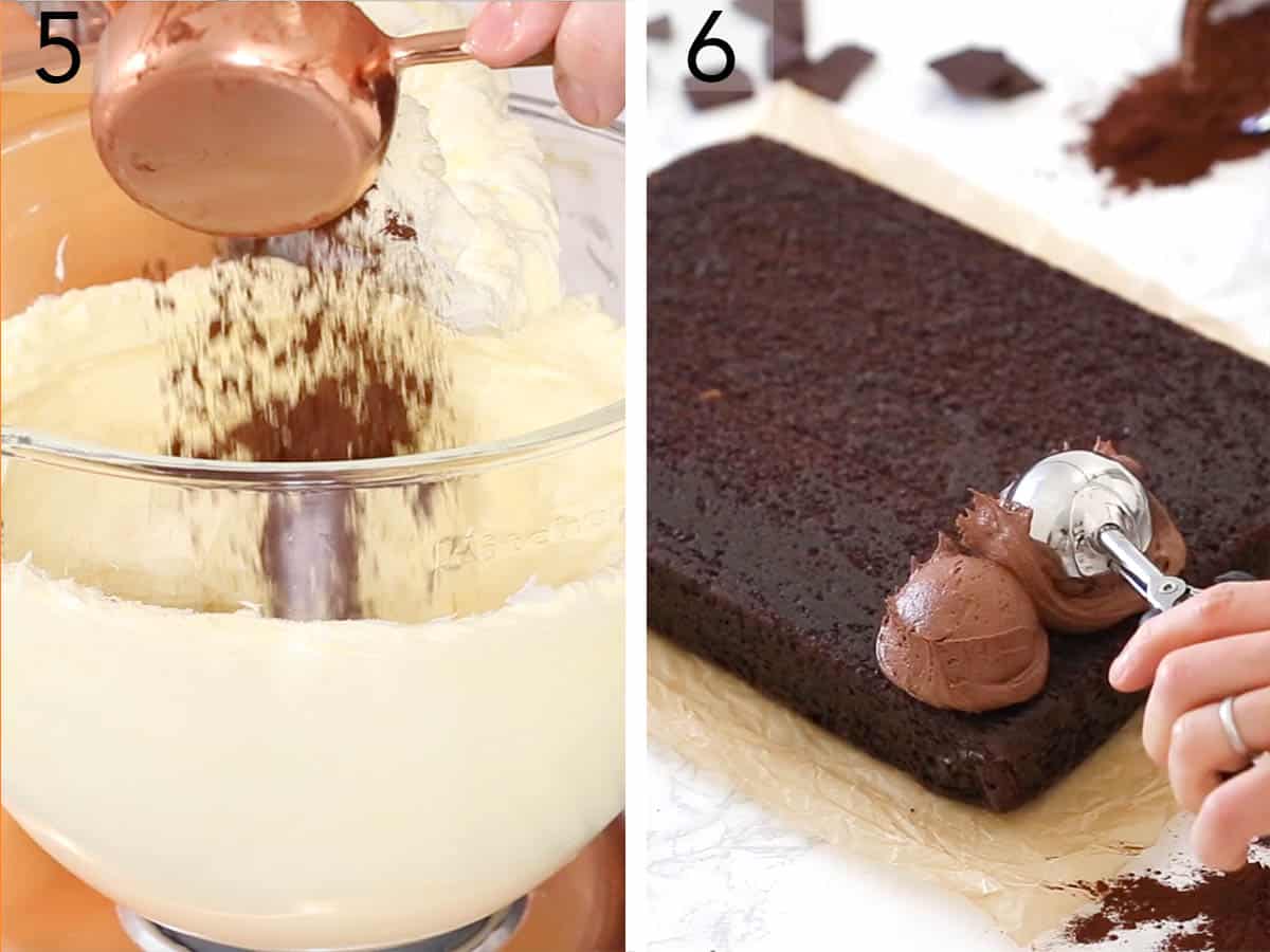 Chocolate buttercream getting transferred onto a chocolate sheetcake.