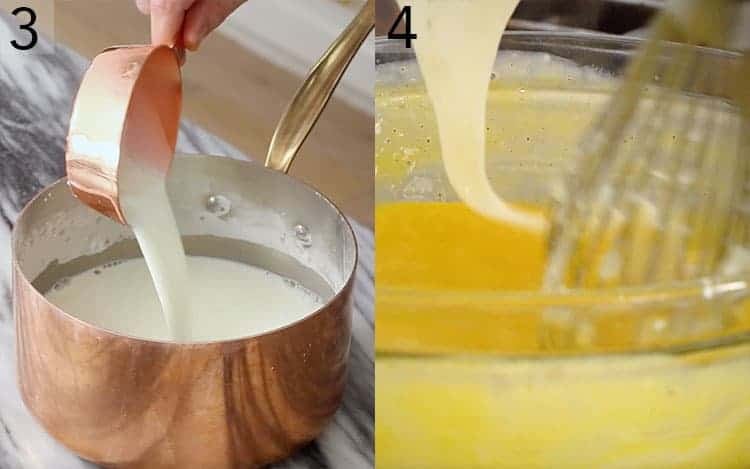 Two photos showing milk pouring into a pot and eggs getting tempered.