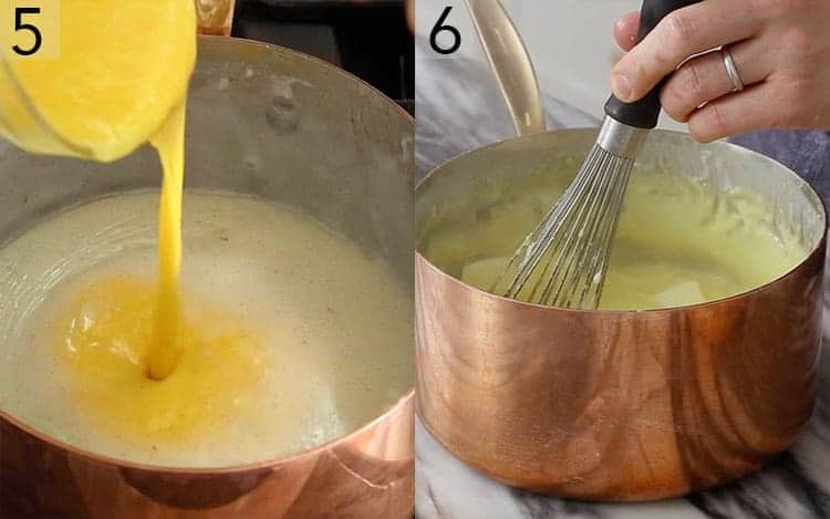 Two photos showingCustard being made for a cream pie.