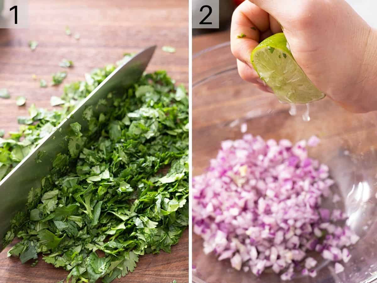 Two photos showing how to chop cilantro and red onion