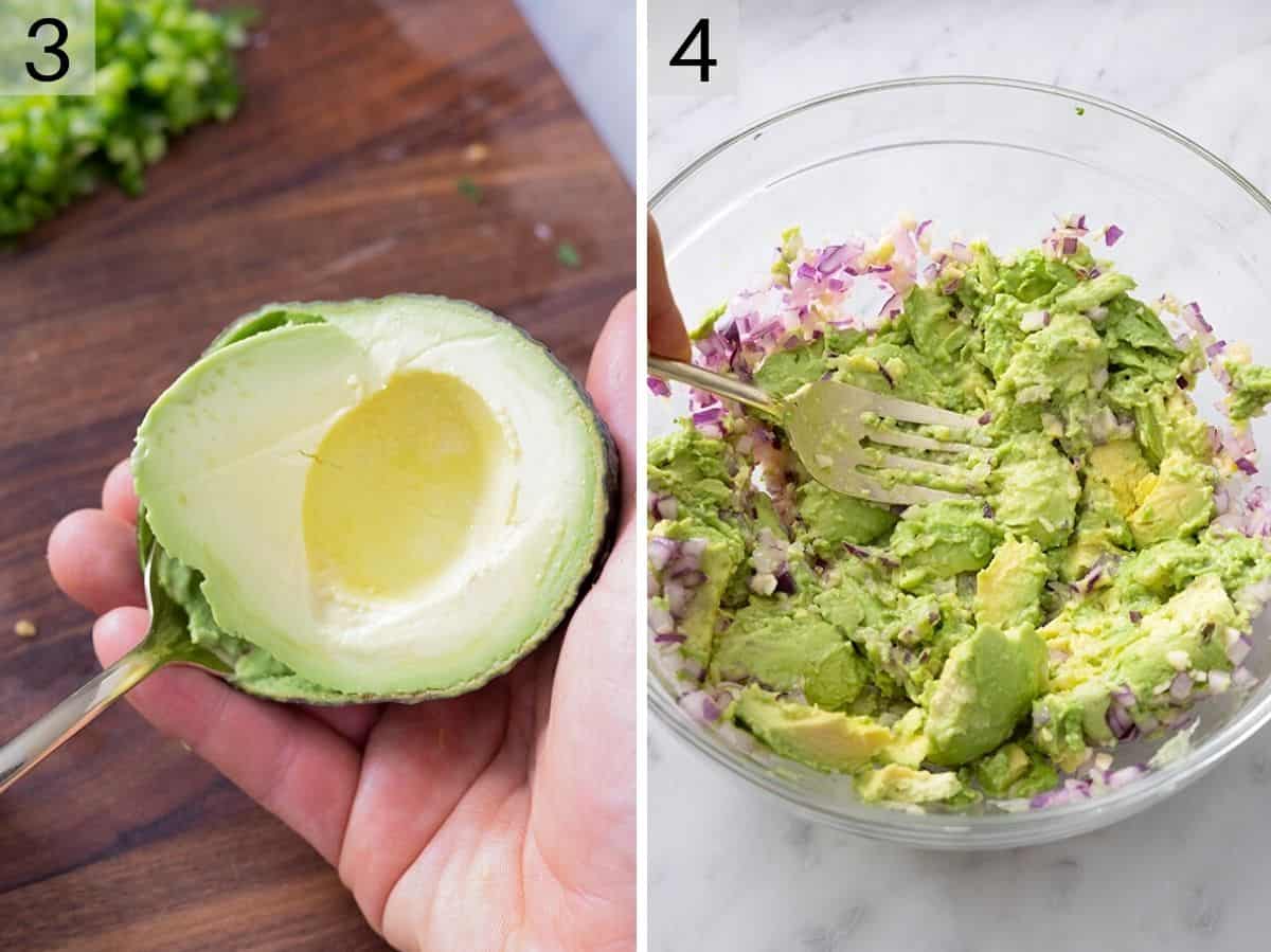 Two photos showing how to mash avocado