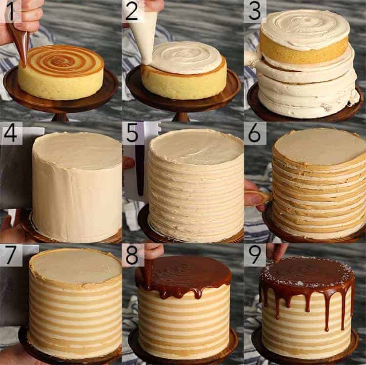 A photo collage shopwing the steps to assemble and decorate a salted caramel cake 