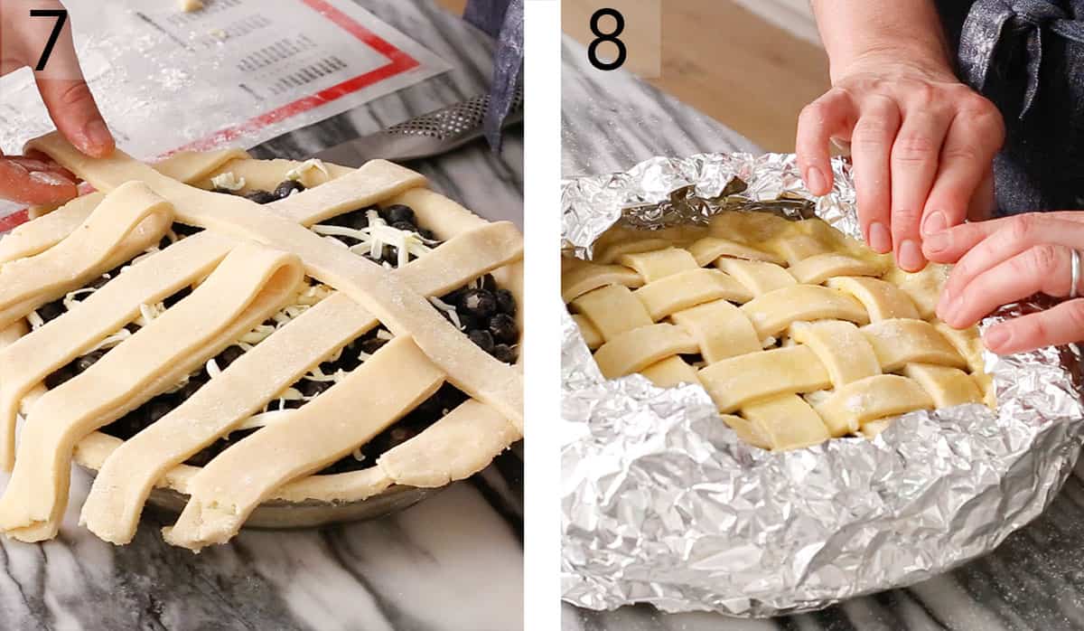A pastry lattice for a blueberry Pie getting placed. 