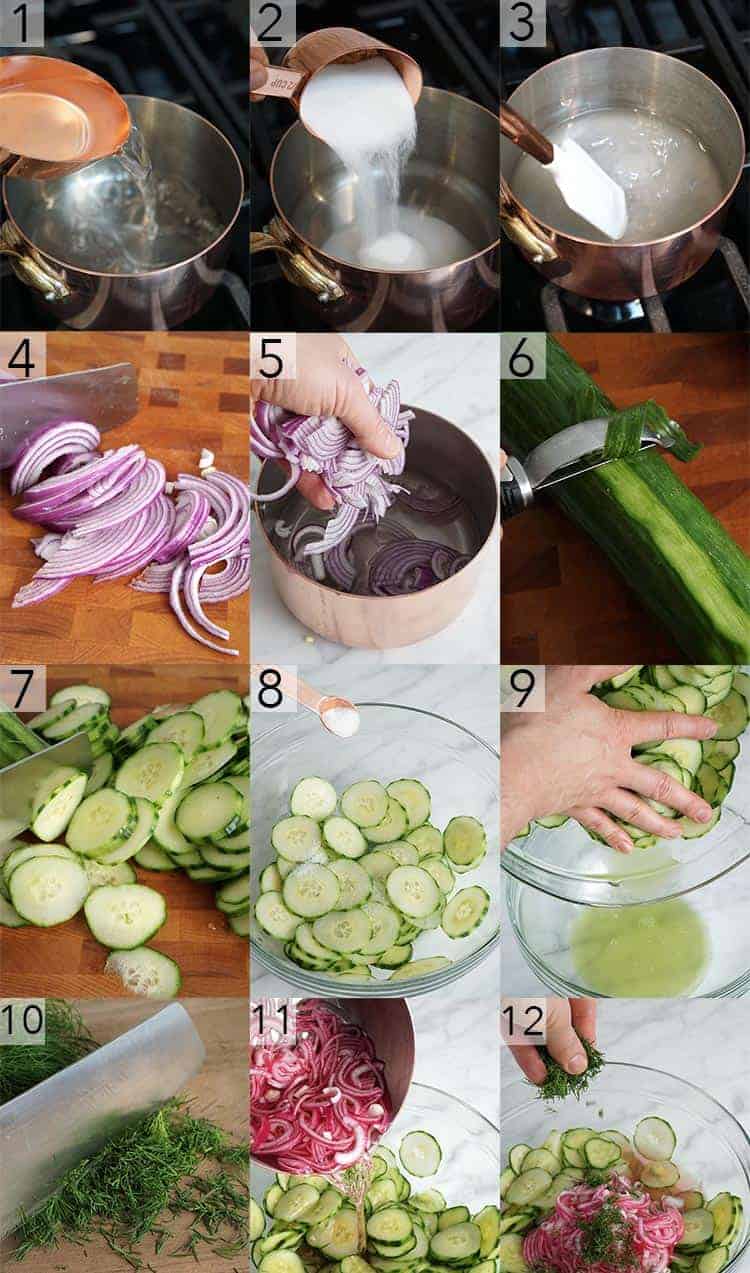 A photo collage showing the steps to make a cucumber salad