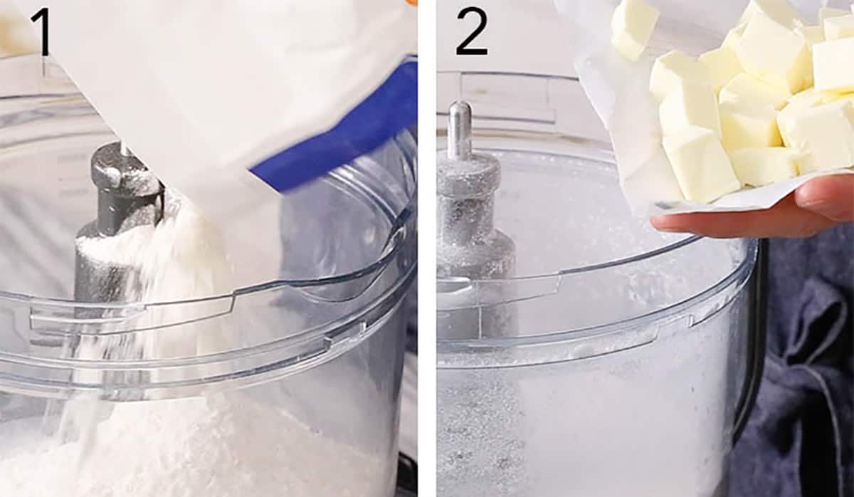 flour and butter getting mixed in a food processor