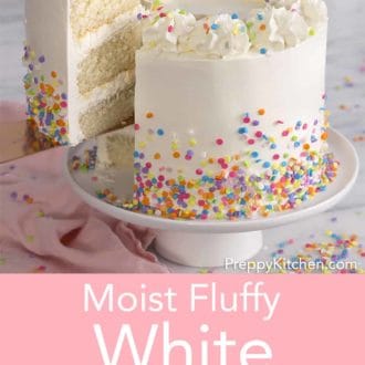 three layer white cake with buttercream frosting and sprinkles