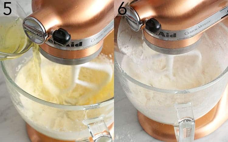 A copper stand mixer making white cake batter.