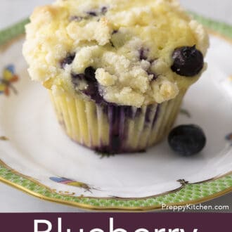 Pinterest graphic of a close up of a blueberry muffin on a plate with a fresh blueberry on the side.