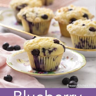 Pinterest graphic of blueberry muffins on a platter with one in front on a plate.