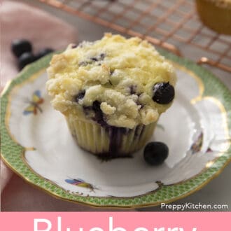 Pinterest graphic of a green plate with a blueberry muffin in front of a rack with some cooling muffins.