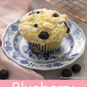 Pinterest graphic of a blueberry muffin on a blue plate.
