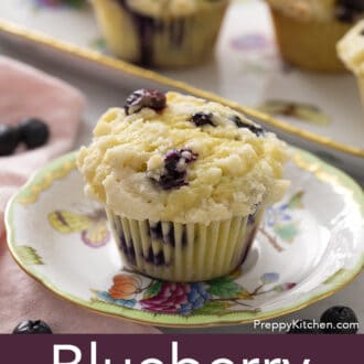 Pinterest graphic of a small plate with a blueberry muffin in front of a platter of more blueberry muffins.