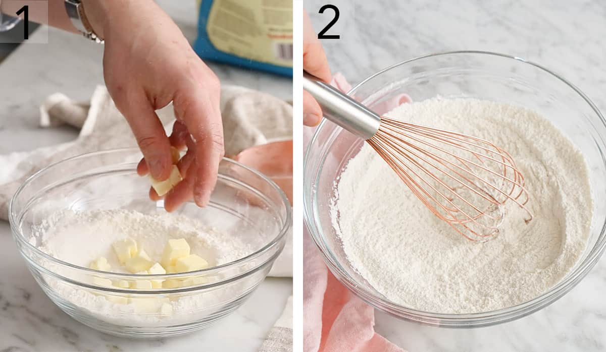 Set of two photos showing cubed butter added to flour and dry ingredients whisked together.
