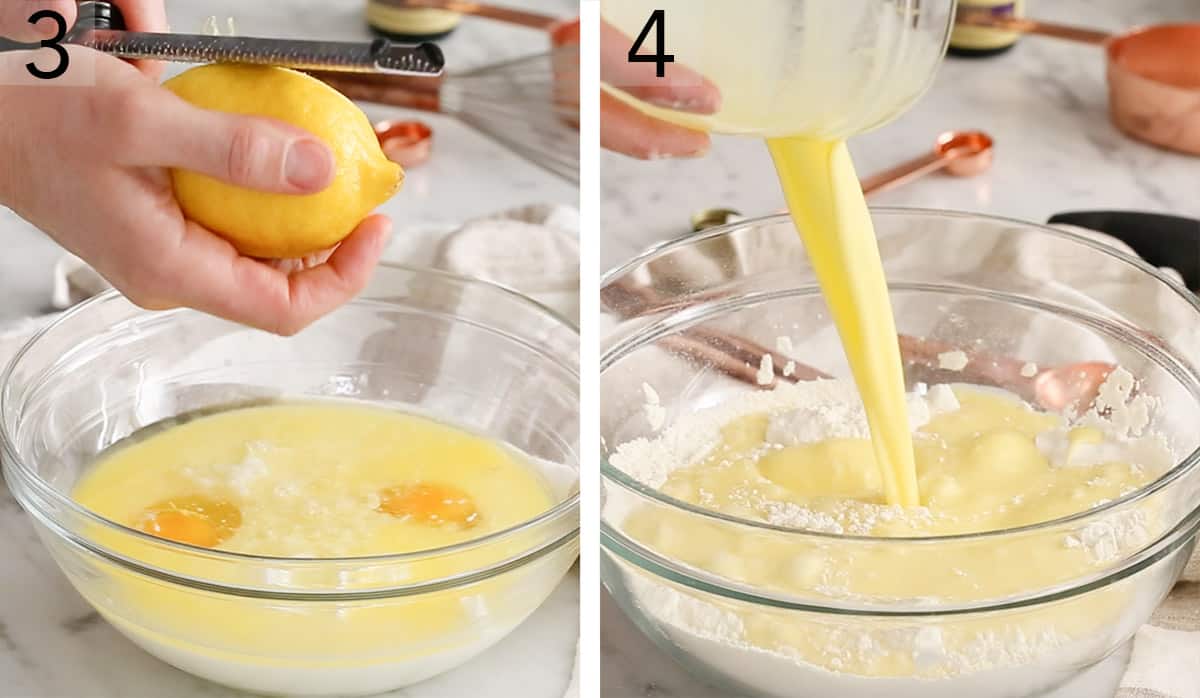 Set of two photos showing lemon zest added to the wet ingredients and then combined with the dry ingredients.