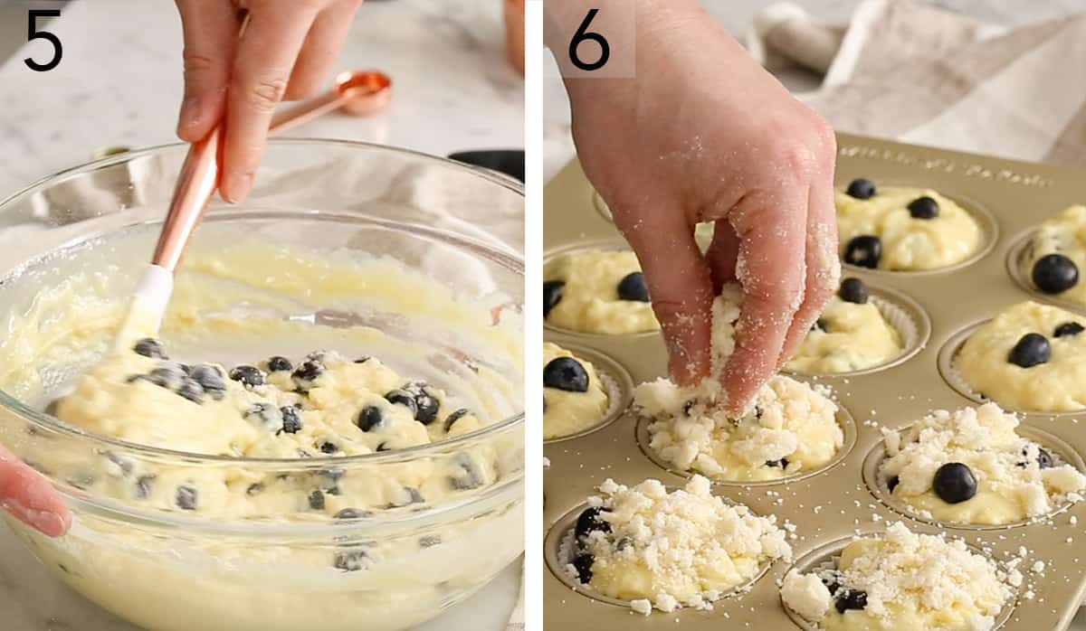 Set of two photos showing blueberries folded into the batter and streusel topping sprinkled over the batter in the tin. 