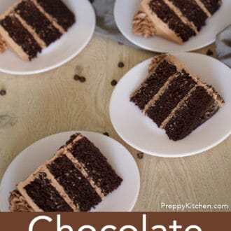 pieces of three layered chocolate cake with chocolate frosting