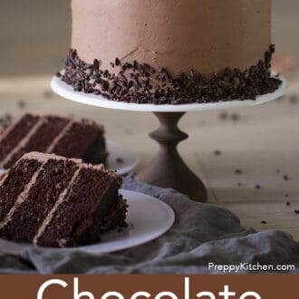 three layered chocolate cake with chocolate frosting