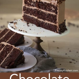 three layered chocolate cake with chocolate frosting on a stand