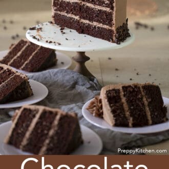 three layered chocolate cake with chocolate frosting