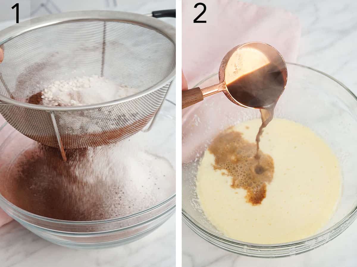 Flour an cocoa powder being sifted into a bowl to make chocolate cake batter.