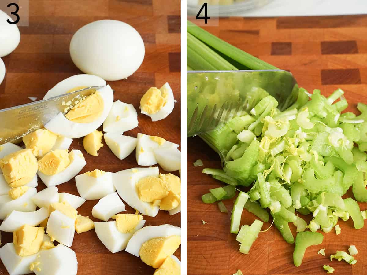 Boiled eggs and celery getting chopped.
