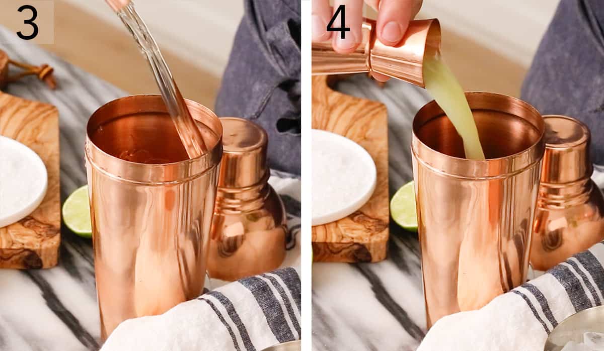 Tequila and lime juice pouring into a copper shaker.