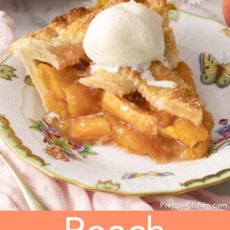 A piece of peach pie on a plate.
