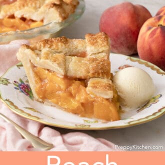 A piece of peach pie with a lattice top on a plate.