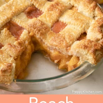 A peach pie with a piece removed.