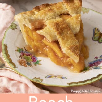 A lattice topped peach pie piece.