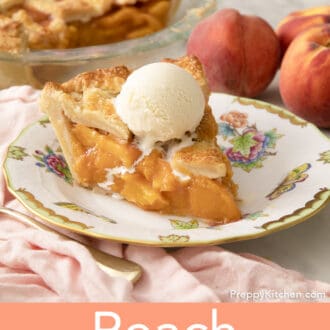 Freshly made peach pie on a porcelain plate.