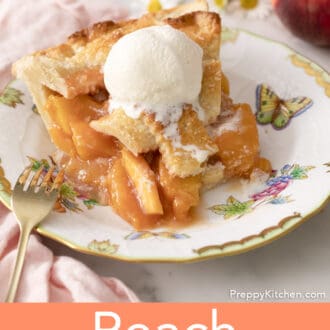 A piece of peach pie with a bite removed.