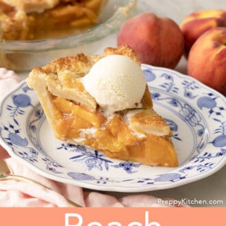 A piece of peach pie next to some peaches.