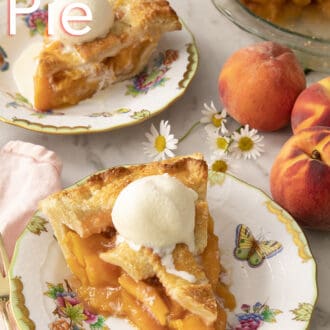 Pieces of peach pie on porcelain plates.