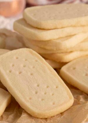 A very close up of several stacked shortbread cookies.