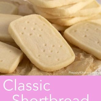 A pinterest graphic of stacked shortbread cookies.