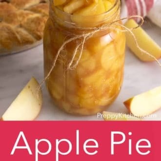 A pinterest graphic of apple pie filling in a jar