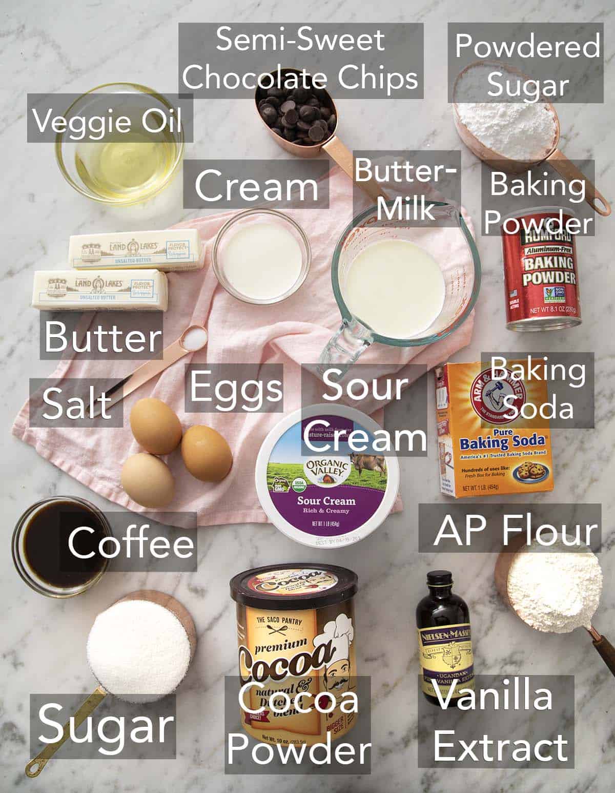 Ingredients needed for a chocolate sheet cake laid out on a counter.