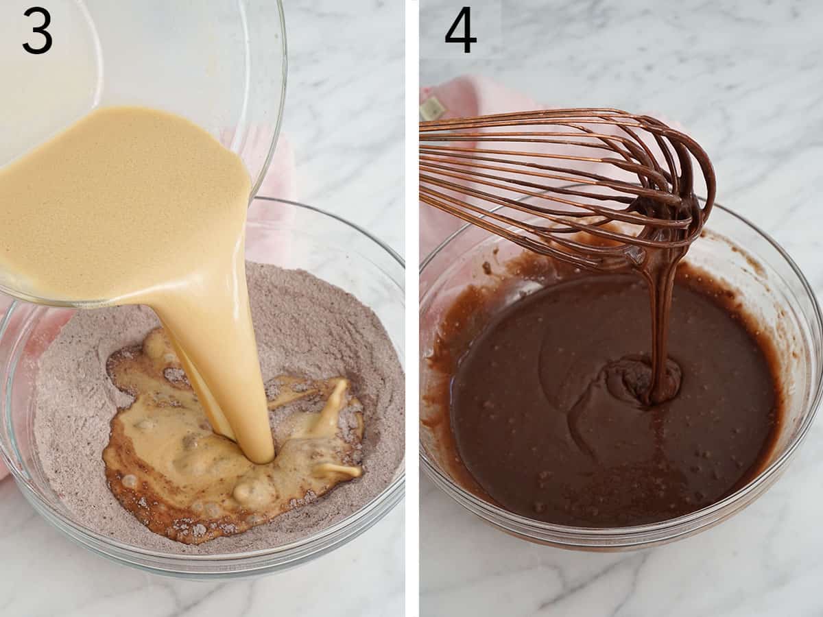 A wet mixture pouring into a bowl with the dry ingredients to make chocolate cake batter.