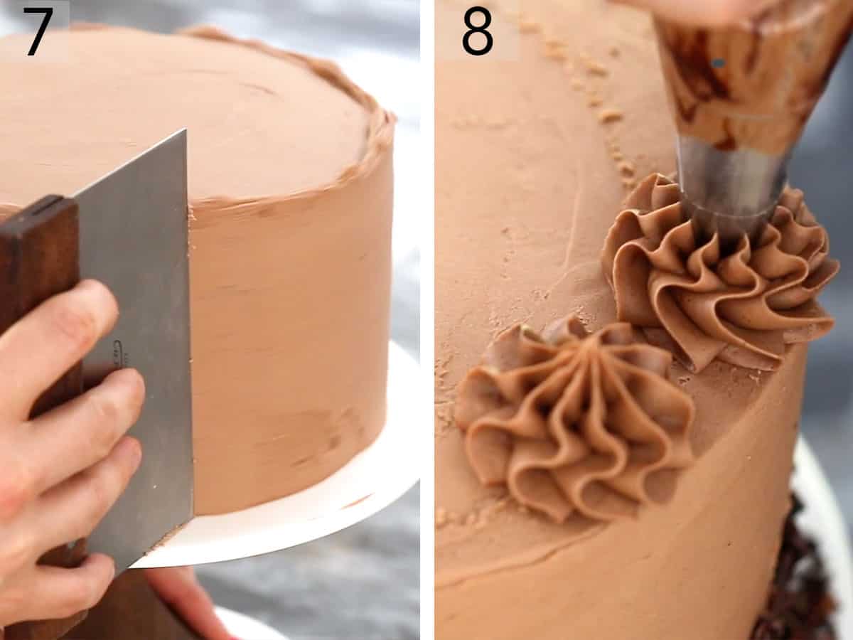 A chocolate cake getting smoothed and decorated.
