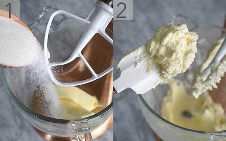 two photos showing the butter and sugar creamed to make butter cookies