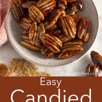 candied pecans in a gray bowl