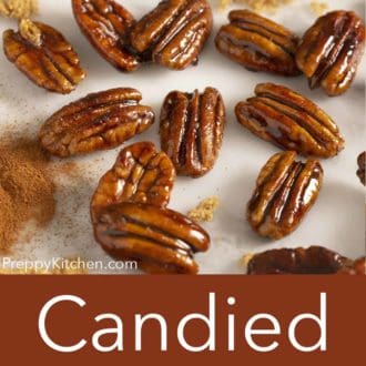 candied pecans scattered on a counter