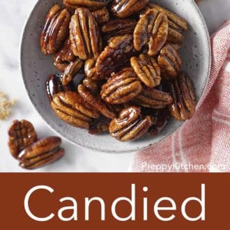 candied pecans in a gray bowl