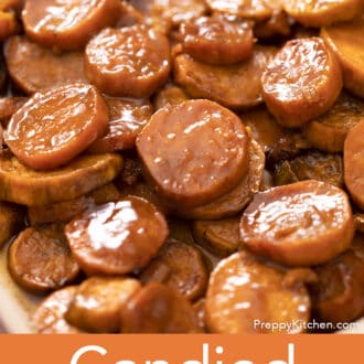 Pinterest graphic of candied yams glistening with butter.
