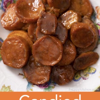 Pinterest graphic of a close view of candied yams on a plate.