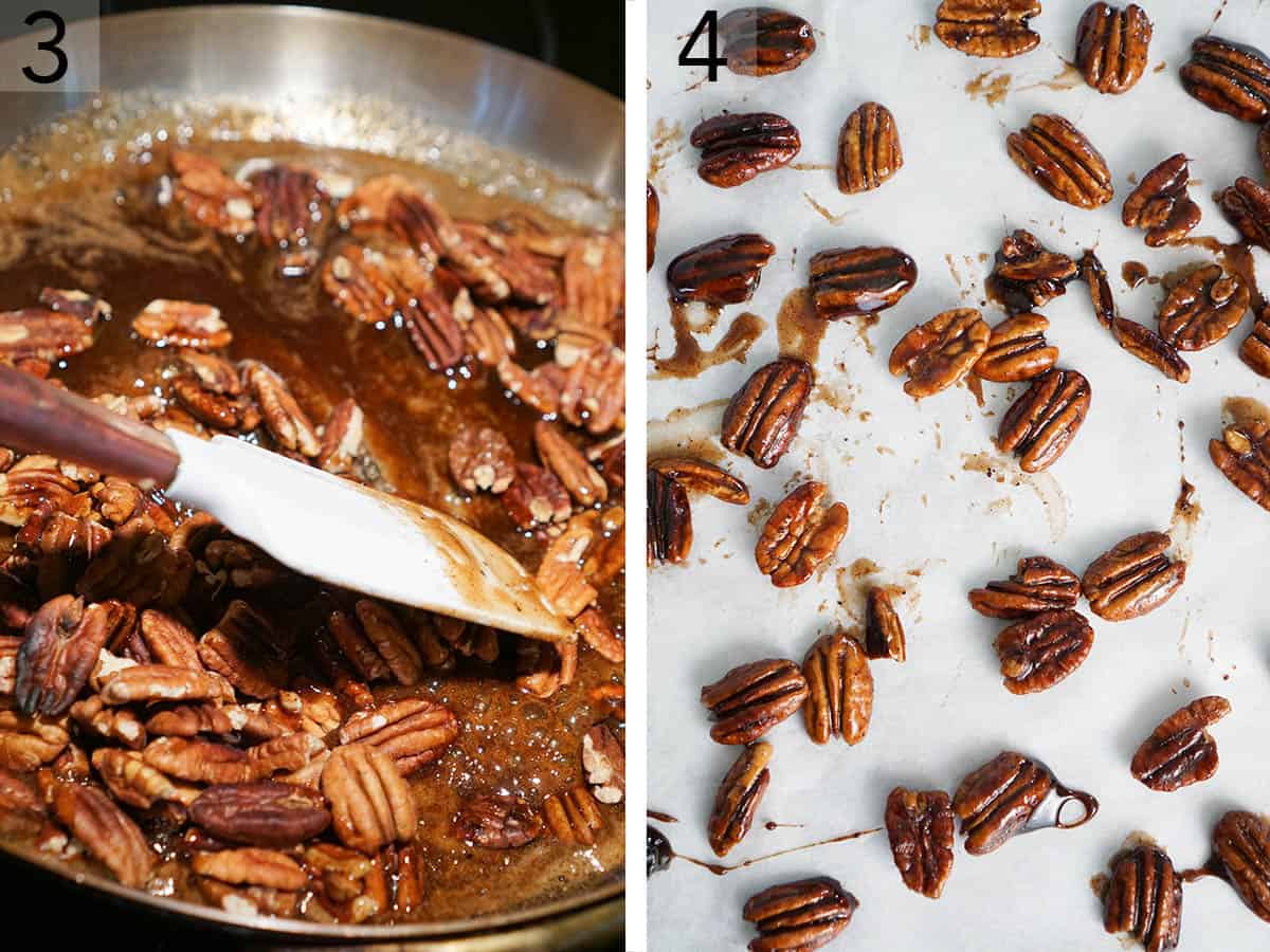 Pecans getting mixed into caramel then spread out onto parchment paper.