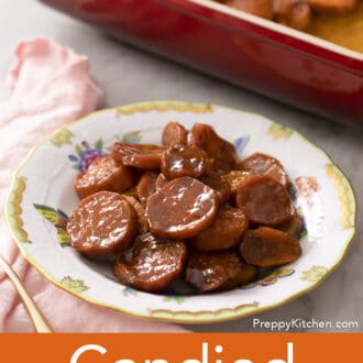 Pinterest graphic of candied yams on a plate next to a baking dish.