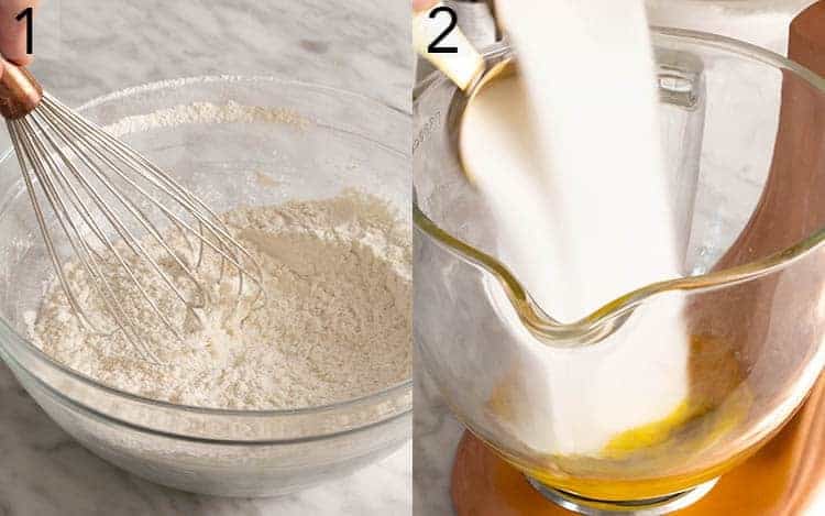 Two photos showing dry ingredients getting whisked and sugar poured into a mixer