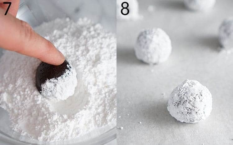 Balls of dough being rolled in powdered sugar then placed on a baking sheet